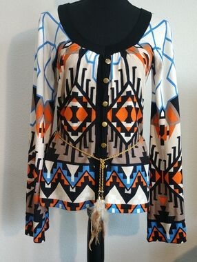 Boston Proper Aztec Geometric Print Boho Tunic in Black, Orange & Blue